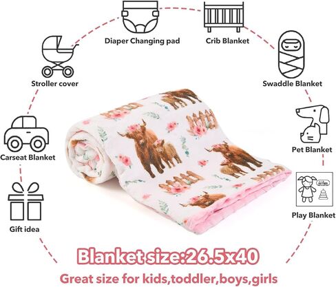 Highland Cow Lovey Baby Blanket for Boys Girls Soft Fleece Minky Blanket with Dotted Backing Double Layer Newborn Toddler Blankie for Nursery Stroller Crib Gift to Son Nephew Grandson 26.5 * 40 Inches in Kuwait