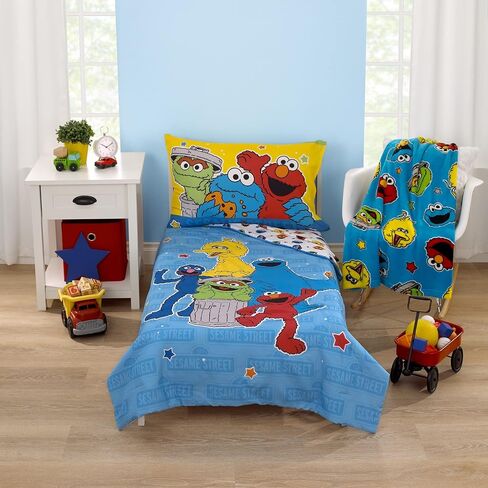 Sesame Street Come and Play Blue, Green, Red and Yellow, Elmo, Big Bird, Cookie Monster, and Oscar The Grouch Toddler Blanket in Kuwait