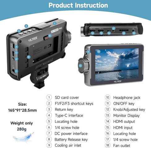 VILTROX DC-550 Pro 5.5 inch Camera Field Monitor, 4K HDMI Touchscreen DSLR Camera Monitor with Battery Sunshade Hood, 1200 Nits 3D Lut 1920X1080 HD Focus Peaking Assist On Camera Video Monitor in Kuwait