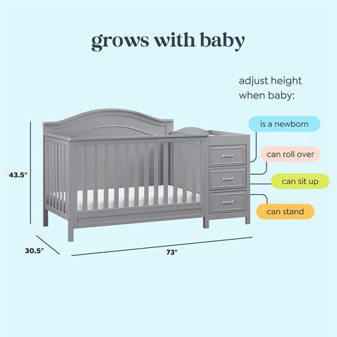 Davinci Charlie 4-in-1 Convertible Baby Crib w/Changing Table, Grey | Greenguard Certified Baby Crib Convertible to Toddler Bed, Daybed, Full-Size Bed - Changing Table Combo w/ Extra Storage in Kuwait