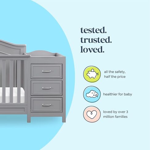 Davinci Charlie 4-in-1 Convertible Baby Crib w/Changing Table, Grey | Greenguard Certified Baby Crib Convertible to Toddler Bed, Daybed, Full-Size Bed - Changing Table Combo w/ Extra Storage in Kuwait