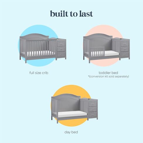 Davinci Charlie 4-in-1 Convertible Baby Crib w/Changing Table, Grey | Greenguard Certified Baby Crib Convertible to Toddler Bed, Daybed, Full-Size Bed - Changing Table Combo w/ Extra Storage in Kuwait