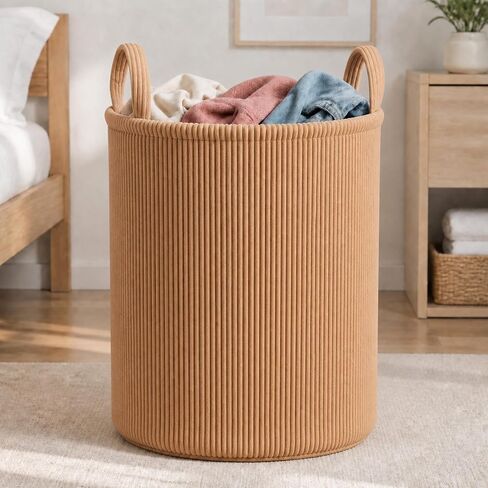 Novabright 60l Beige Large Corduroy Hamper Basket for Nursery | Clothes Laundry Basket with Handle for Blankets Toys, Tall Decorative Nursery Laundry Storage Basket for Bedroom Living Room in Kuwait