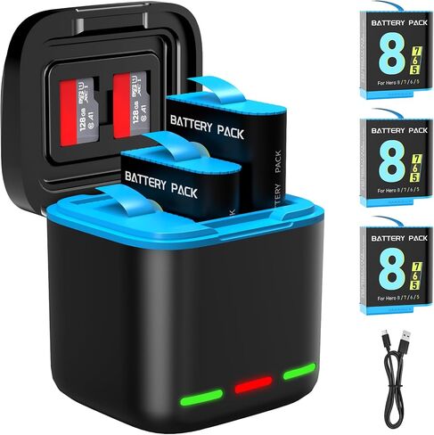Battery Charger for Hero 8/7/6 Battery 2-Pack 1500mAh with USB Storage | 3-Channel Fast Charger Fully Compatible with GoPro Hero 8 7 6 Black Official with Micro SD Card in Kuwait