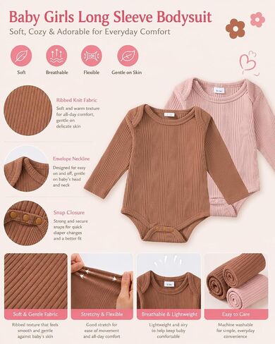 Renotemy Newborn Baby Girl Clothes 2 Pieces Outfits Fall Newborn Essentials | Baby Clothes Gifts for Girl, Winter Coming Home Photoshoot Outfits, Long Sleeve Bodysuits, Brown Dusty Rose Solid Bow Romper in Kuwait