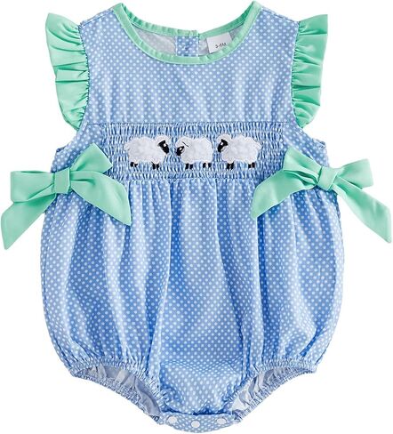 Baby Girl Summer Outfit Sheep Embroidery Flying Sleeve Smocked Bubble Romper Dot Print Bodysuit Infant Farm Clothes in Kuwait