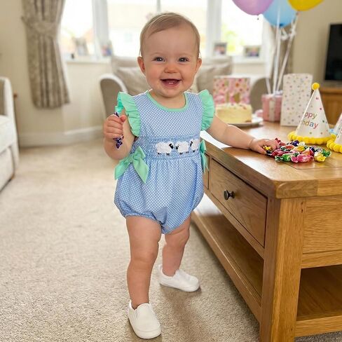 Baby Girl Summer Outfit Sheep Embroidery Flying Sleeve Smocked Bubble Romper Dot Print Bodysuit Infant Farm Clothes in Kuwait