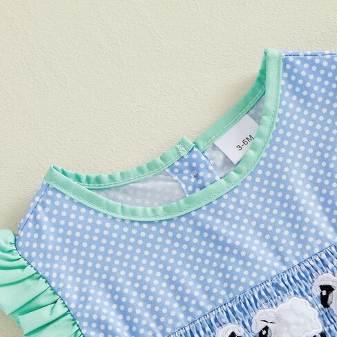 Baby Girl Summer Outfit Sheep Embroidery Flying Sleeve Smocked Bubble Romper Dot Print Bodysuit Infant Farm Clothes in Kuwait