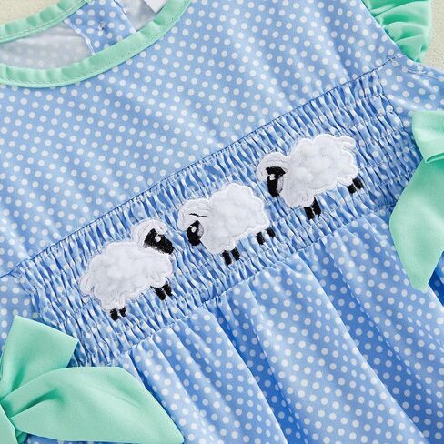 Baby Girl Summer Outfit Sheep Embroidery Flying Sleeve Smocked Bubble Romper Dot Print Bodysuit Infant Farm Clothes in Kuwait