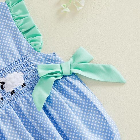 Baby Girl Summer Outfit Sheep Embroidery Flying Sleeve Smocked Bubble Romper Dot Print Bodysuit Infant Farm Clothes in Kuwait