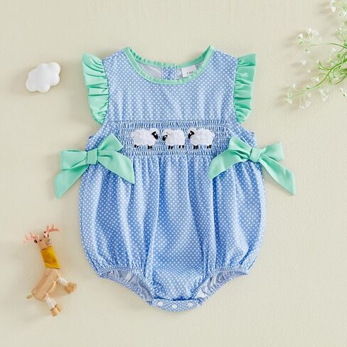 Baby Girl Summer Outfit Sheep Embroidery Flying Sleeve Smocked Bubble Romper Dot Print Bodysuit Infant Farm Clothes in Kuwait