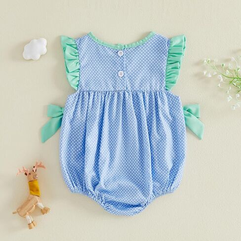 Baby Girl Summer Outfit Sheep Embroidery Flying Sleeve Smocked Bubble Romper Dot Print Bodysuit Infant Farm Clothes in Kuwait