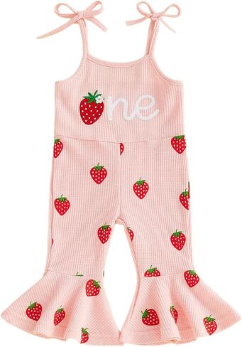 Amiblvowa Baby Girl First Birthday Outfit One Year Old Waffle Tie Up Flared Romper Bell Bottoms Overall Jumpsuit Clothes in Kuwait