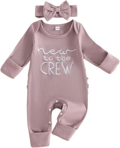 Newborn Baby Girl Fall Outfit Romper Jumpsuit Infant Waffle Clothes | Letter Embroidery Cute Long Sleeve Round Neck Bodysuit in Kuwait