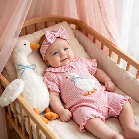 Newborn Baby Girl Outfit Goose Romper Waffle Knit Jumpsuit Headband | Cute silly goose embroidery, Ruffled crew collar, Soft/breathable fabric, for birthday gifts and newborn coming home outfit in Kuwait