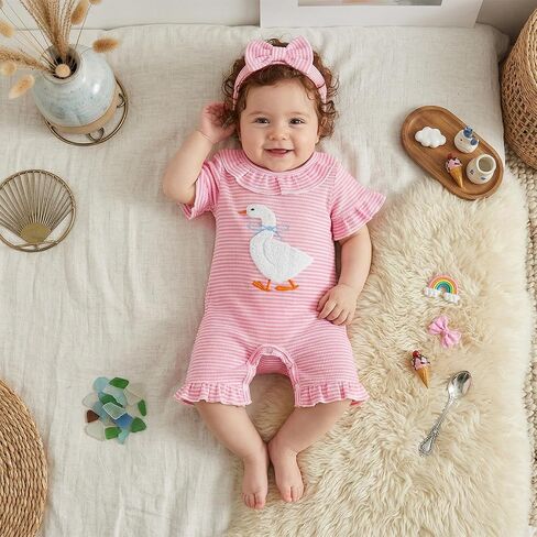 Newborn Baby Girl Outfit Goose Romper Waffle Knit Jumpsuit Headband | Cute silly goose embroidery, Ruffled crew collar, Soft/breathable fabric, for birthday gifts and newborn coming home outfit in Kuwait