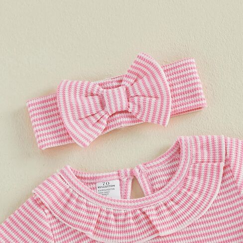 Newborn Baby Girl Outfit Goose Romper Waffle Knit Jumpsuit Headband | Cute silly goose embroidery, Ruffled crew collar, Soft/breathable fabric, for birthday gifts and newborn coming home outfit in Kuwait