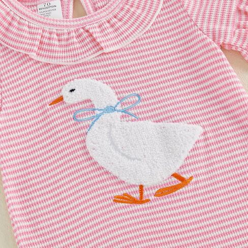 Newborn Baby Girl Outfit Goose Romper Waffle Knit Jumpsuit Headband | Cute silly goose embroidery, Ruffled crew collar, Soft/breathable fabric, for birthday gifts and newborn coming home outfit in Kuwait