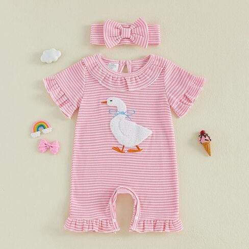 Newborn Baby Girl Outfit Goose Romper Waffle Knit Jumpsuit Headband | Cute silly goose embroidery, Ruffled crew collar, Soft/breathable fabric, for birthday gifts and newborn coming home outfit in Kuwait