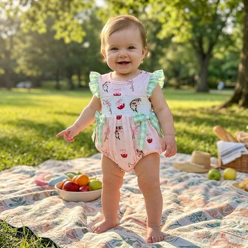 Honganda Baby Girl Summer Fishing Outfit Ruffle Sleeve Fishing Embroidery Romper with Bow Decor Infants One-Piece Clothes in Kuwait
