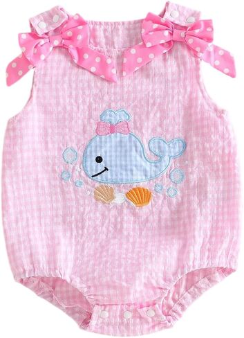 Newborn Baby Girl Summer Outfit Sleeveless Bubble Romper Gingham Bodysuit in Kuwait