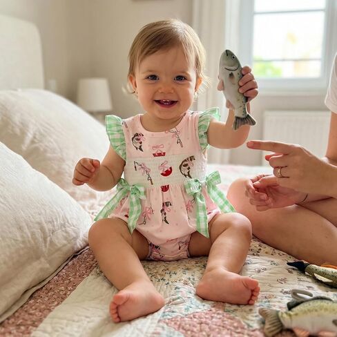 Honganda Baby Girl Summer Fishing Outfit Ruffle Sleeve Fishing Embroidery Romper with Bow Decor Infants One-Piece Clothes in Kuwait