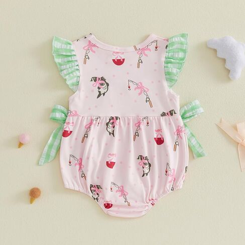 Honganda Baby Girl Summer Fishing Outfit Ruffle Sleeve Fishing Embroidery Romper with Bow Decor Infants One-Piece Clothes in Kuwait