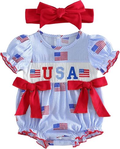 4th of July Baby Girl Outfit American Flag Romper USA Smocked Bubble Jumpsuit with Bow Headband Patriotic Clothes in Kuwait