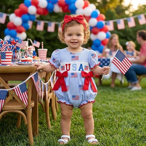 4th of July Baby Girl Outfit American Flag Romper USA Smocked Bubble Jumpsuit with Bow Headband Patriotic Clothes in Kuwait