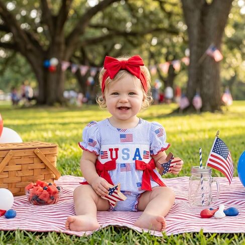 4th of July Baby Girl Outfit American Flag Romper USA Smocked Bubble Jumpsuit with Bow Headband Patriotic Clothes in Kuwait