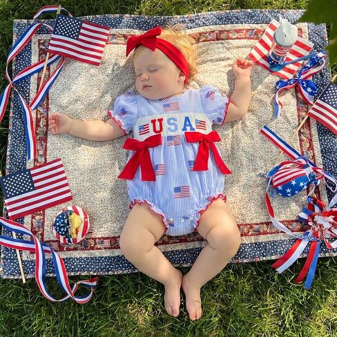 4th of July Baby Girl Outfit American Flag Romper USA Smocked Bubble Jumpsuit with Bow Headband Patriotic Clothes in Kuwait