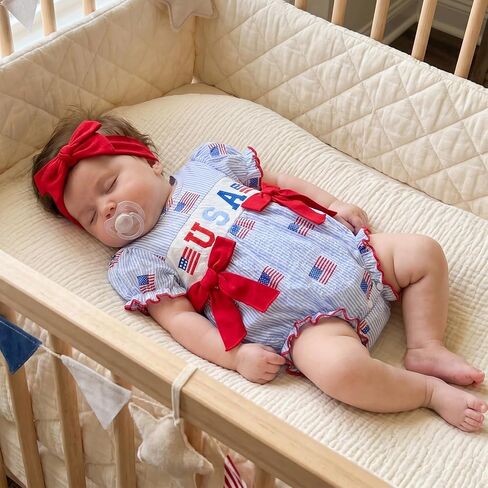4th of July Baby Girl Outfit American Flag Romper USA Smocked Bubble Jumpsuit with Bow Headband Patriotic Clothes in Kuwait