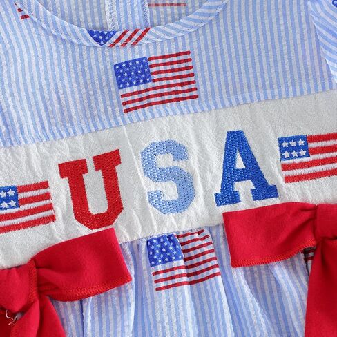 4th of July Baby Girl Outfit American Flag Romper USA Smocked Bubble Jumpsuit with Bow Headband Patriotic Clothes in Kuwait