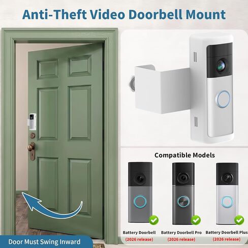 Anti-Theft Doorbell Mount Compatible with Battery Doorbell/Pro/Plus 2nd Gen | No-Drill Doorbell Holder for Apartment Door, Renter Friendly Mounting Bracket, for Inward Swing Door, (1 Pack, White) in Kuwait