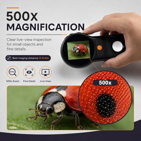 500X Digital Microscope, Handheld and Desktop Dual Use, 2 Inch 178° Wide Screen, Foldable Design, 8 Adjustable LED Lights for Jewelry in Kuwait
