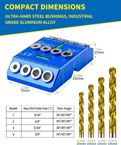 30 45 90 Angled Drill Guide for Cable Railing, Drill Block Guide for Angled & Straight Holes, Drill Jig with Hard Steel Bushings for InstallingPorch,Stair Railings.design of the spiritlevel,with 4Bits in Kuwait