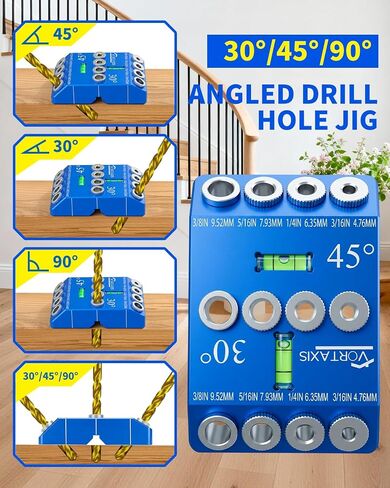 30 45 90 Angled Drill Guide for Cable Railing, Drill Block Guide for Angled & Straight Holes, Drill Jig with Hard Steel Bushings for InstallingPorch,Stair Railings.design of the spiritlevel,with 4Bits in Kuwait