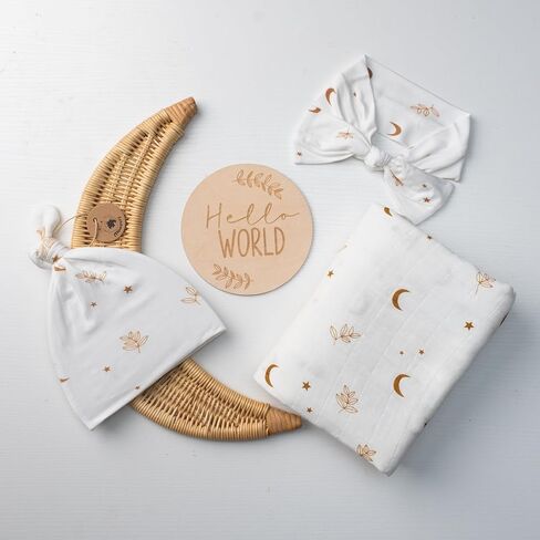 Organic Muslin Swaddle Blanket and Hat Set – Moon and Stars Nursery Decor – Sun & Moon Baby Hospital Receiving Outfit for Birth Announcement, Newborn Photography in Kuwait