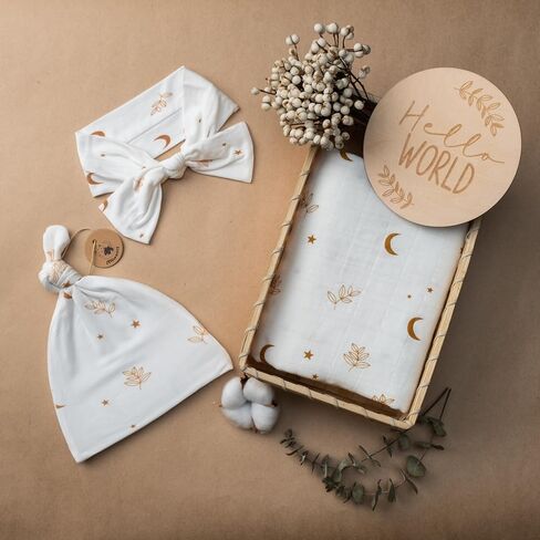 Organic Muslin Swaddle Blanket and Hat Set – Moon and Stars Nursery Decor – Sun & Moon Baby Hospital Receiving Outfit for Birth Announcement, Newborn Photography in Kuwait