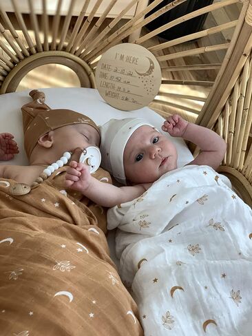 Organic Muslin Swaddle Blanket and Hat Set – Moon and Stars Nursery Decor – Sun & Moon Baby Hospital Receiving Outfit for Birth Announcement, Newborn Photography in Kuwait