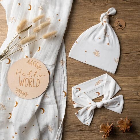 Organic Muslin Swaddle Blanket and Hat Set – Moon and Stars Nursery Decor – Sun & Moon Baby Hospital Receiving Outfit for Birth Announcement, Newborn Photography in Kuwait