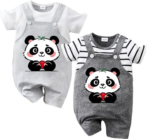 Baby Boy Girl Romper 2 Pack Cute Panda Print Fake 2 Piece Summer Outfit Soft Infant Jumpsuit 0-18 Months in Kuwait