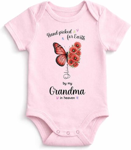 Custom Birth Flower Baby Onesie, Hand Picked for Earth by My Grandma in Heaven, Personalized Name Newborn Outfit, Butterfly Baby Gift For Loss Loved One in Kuwait