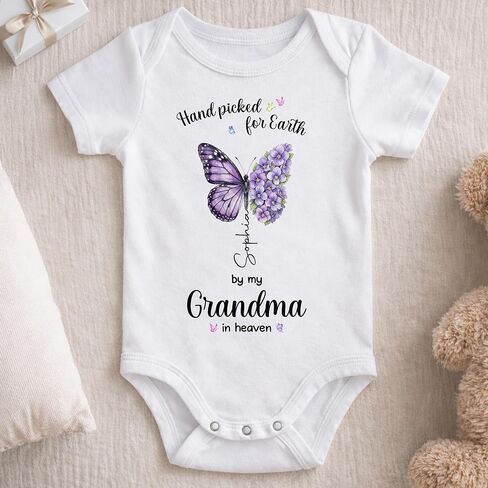 Custom Birth Flower Baby Onesie, Hand Picked for Earth by My Grandma in Heaven, Personalized Name Newborn Outfit, Butterfly Baby Gift For Loss Loved One in Kuwait