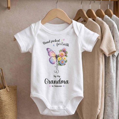 Custom Birth Flower Baby Onesie, Hand Picked for Earth by My Grandma in Heaven, Personalized Name Newborn Outfit, Butterfly Baby Gift For Loss Loved One in Kuwait
