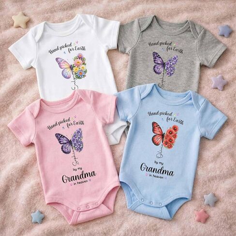 Custom Birth Flower Baby Onesie, Hand Picked for Earth by My Grandma in Heaven, Personalized Name Newborn Outfit, Butterfly Baby Gift For Loss Loved One in Kuwait