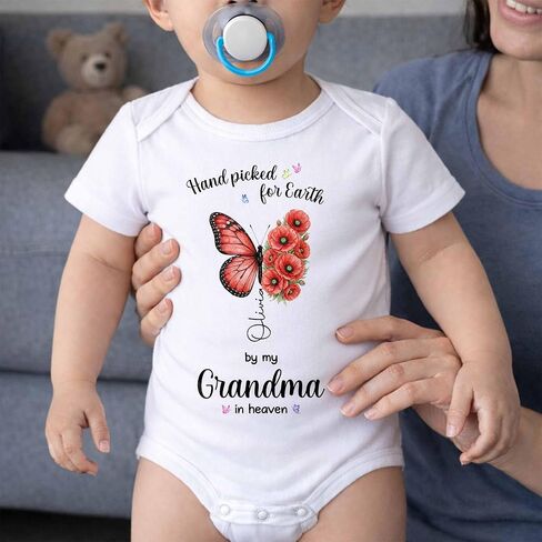 Custom Birth Flower Baby Onesie, Hand Picked for Earth by My Grandma in Heaven, Personalized Name Newborn Outfit, Butterfly Baby Gift For Loss Loved One in Kuwait