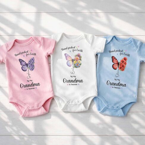 Custom Birth Flower Baby Onesie, Hand Picked for Earth by My Grandma in Heaven, Personalized Name Newborn Outfit, Butterfly Baby Gift For Loss Loved One in Kuwait