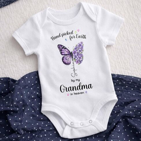 Custom Birth Flower Baby Onesie, Hand Picked for Earth by My Grandma in Heaven, Personalized Name Newborn Outfit, Butterfly Baby Gift For Loss Loved One in Kuwait
