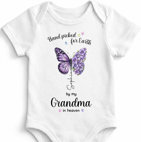 Custom Birth Flower Baby Onesie, Hand Picked for Earth by My Grandma in Heaven, Personalized Name Newborn Outfit, Butterfly Baby Gift For Loss Loved One in Kuwait